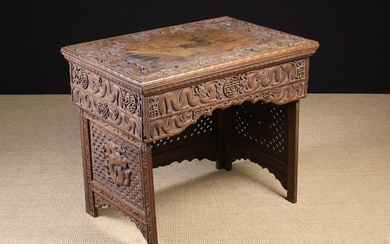 A Late 19th/ Early 20th Century Chinese Carved Hardwood Folding Travelling Scribes Desk. The hinged