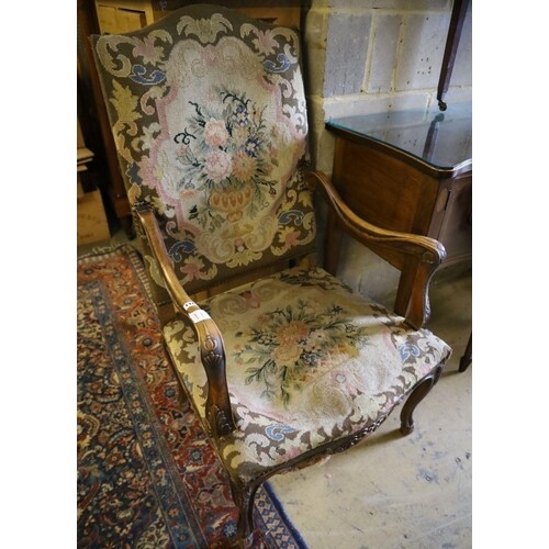 A Louis XVI style tapestry upholstered walnut fauteuil, widt...