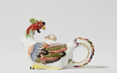 A Meissen porcelain cockerel teapot with hare finial