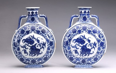 A PAIR OF BLUE AND WHITE 'PEACH AND BATS' MOONFLASKS