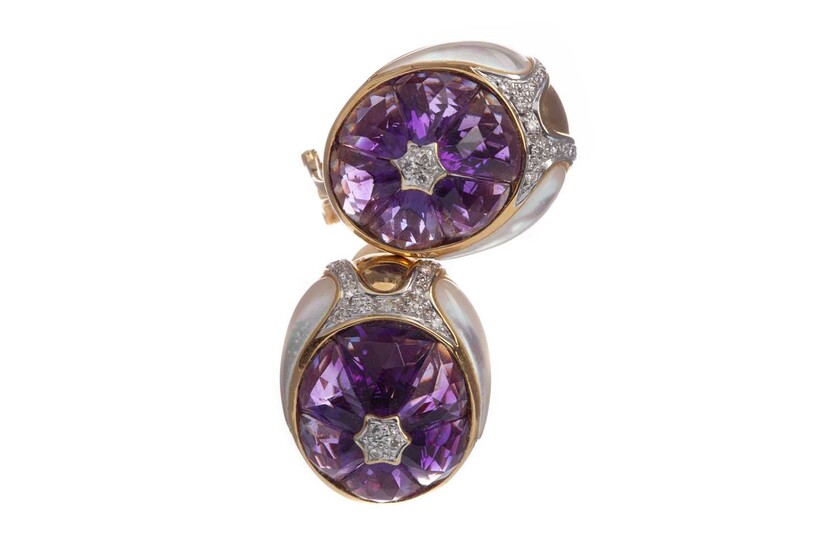 A PAIR OF DIAMOND, AMETHYST AND MOTHER OF PEARL EARRINGS