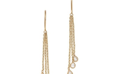 A PAIR OF DIAMOND DROP EARRINGS each set with three pear shaped rose cut diamonds, suspended on a