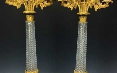 A PAIR OF EMPIRE DORE BRONZE AND BACCARAT CANDELABRA