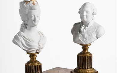 A PAIR OF FRENCH SEVRES STYLE BUSCUIT PORCELAIN BUSTS OF LOUIS XVI AND MARIE ANTOINETTE