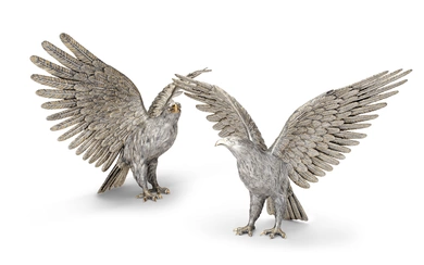 A PAIR OF ITALIAN PARCEL-GILT SILVER MODELS OF EAGLES MARK OF MAZZUCATO, MILAN, SECOND HALF 20TH CENTURY