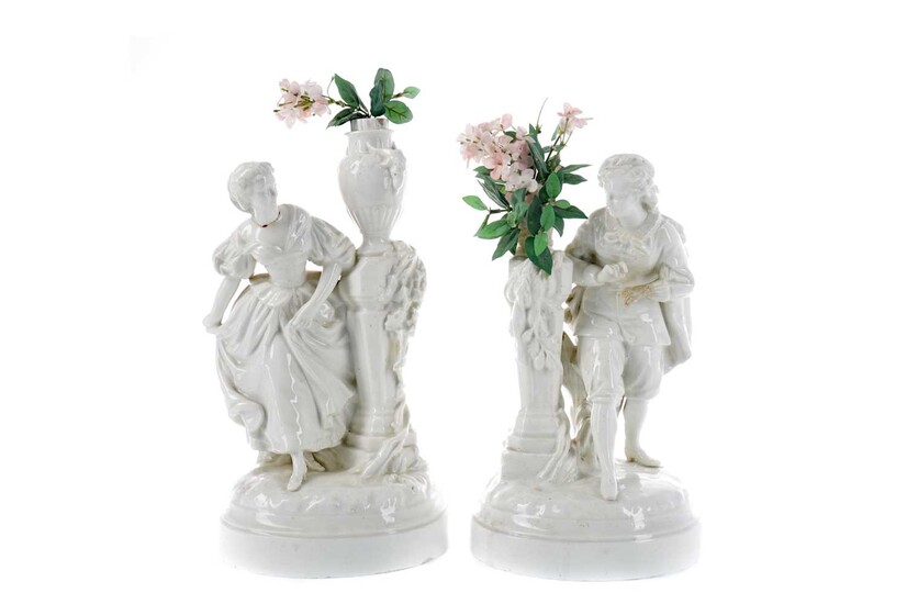 A PAIR OF LATE 19TH CENTURY CONTINENTAL PORCELAIN FIGURAL VASES