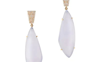 A PAIR OF LILAC CHALCEDONY AND DIAMOND DROP EARRIN ...