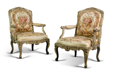 A PAIR OF LOUIS XV PARCEL-GILT AND CREAM-PAINTED FAUTEUILS