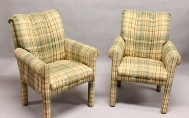 A PAIR OF MODERN ARMCHAIRS, upholstered with a Burberry