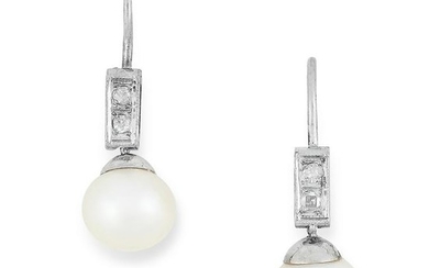 A PAIR OF PEARL EARRINGS each set with two round cut