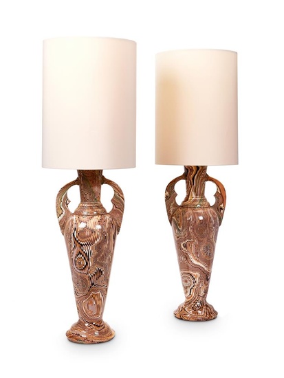 A PAIR OF POTTERY TERRE MÊLÉE VASES AFTER THE ANTIQUE, ADAPTED FOR ELECRICITY AS LAMPS