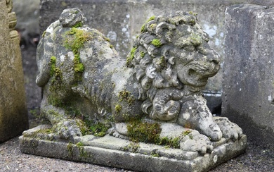 A PAIR OF STONE COMPOSITION MODELS OF RECUMBENT LIONS, 20TH CENTURY