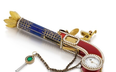 A PEARL, GOLD AND ENAMEL SCENT SPRINKLER AUTOMATON PISTOL, ATTRIBUTED TO MOULINIÉ, BAUTTE & CO., GENEVA, CIRCA 1805