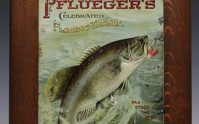 A PFLUEGER'S FISHING TACKLE TIN LITHO ADVERTISING SIGN