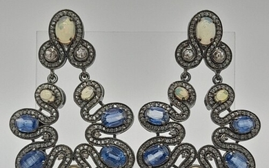 A Pair of Antique-Style Kyanite, Opal and Rose-Cut Diamond E...