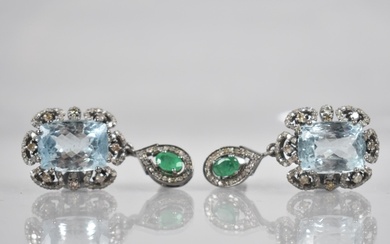 A Pair of Diamond, Aquamarine and Emerald Drop Earrings, Cus...