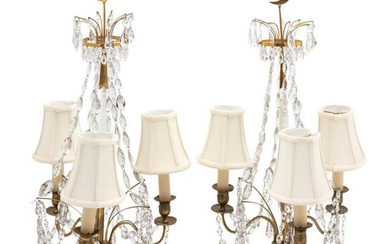 A Pair of French Gilt Brass, Marble and Cut Glass