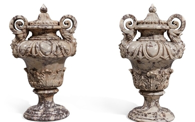 A Pair of Italian Baroque Carved Breccia di Seravezza Marble Vases, Possibly 17th Century