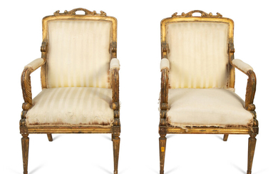 A Pair of Italian Directoire Style Painted and Parcel Gilt Fauteuils
