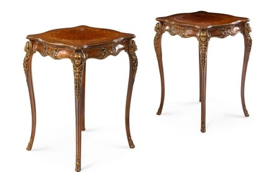 A Pair of Louis XV Style Carved Walnut and Marquetry