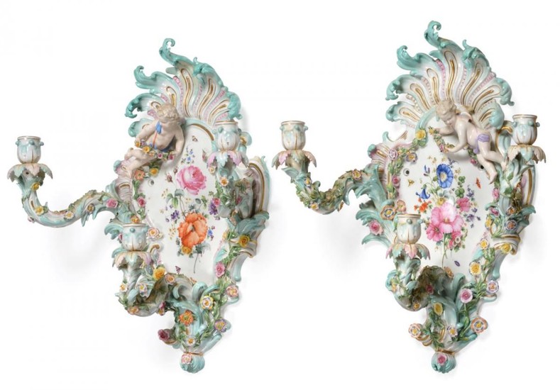 A Pair of Meissen Porcelain Three-Branch Wall Sconces, circa 1900,...