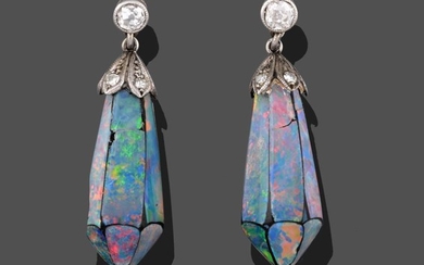 A Pair of Opal Doublet and Diamond Drop Earrings, the...