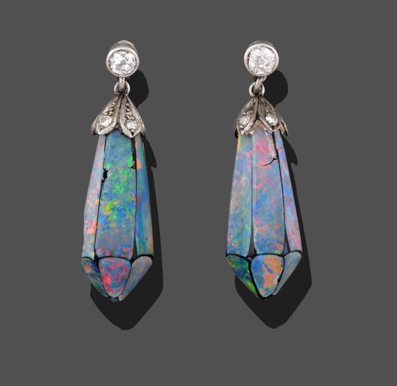 A Pair of Opal Doublet and Diamond Drop Earrings, the...