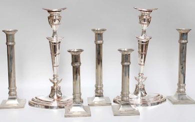 A Pair of Silver Plate Candlesticks, in the Adam Style,...