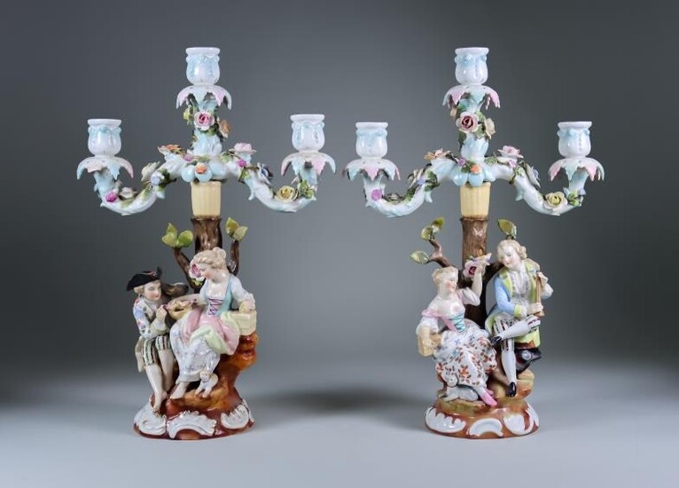 A Pair of Sitzendorf Porcelain Three-Light Candelabra, Late 19th/Early...