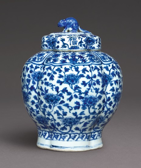 A RARE BLUE AND WHITE LOBED JAR AND COVER MARK AND PERIOD OF JIAJING