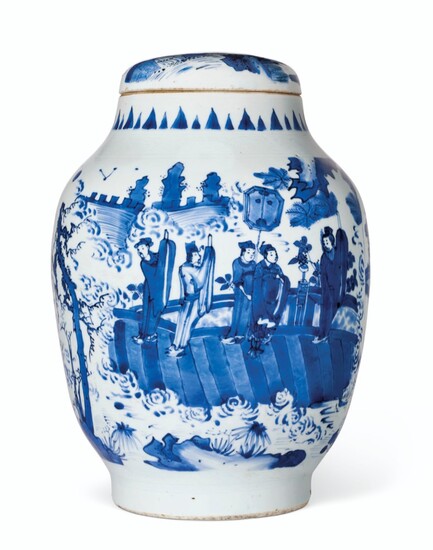 A RARE LARGE BLUE AND WHITE OVOID JAR AND COVER, CHONGZHEN PERIOD (1628-1644)