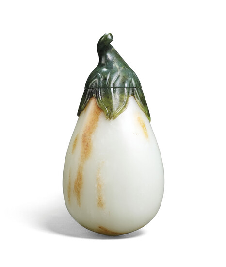 A RARE LARGE WHITE AND SPINACH-GREEN JADE AUBERGINE-FORM VASE AND COVER