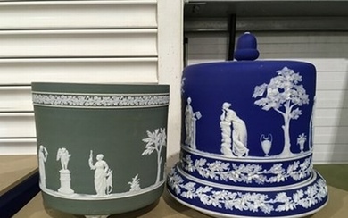 A Ridgeway blue jasper ware cheese dome and stand, sprigged ...