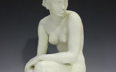 A Rosenthal porcelain figure of a crouching female nude, 1930s, designed by Fritz Klimsch, inscribed