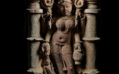 A SANDSTONE RELIEF PANEL OF A GODDESS