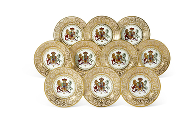 A SET OF TEN WORCESTER (FLIGHT, BARR & BARR) PORCELAIN ARMORIAL PEACH-GROUND PLATES FROM 'THE STOWE SERVICE' CIRCA 1813, IMPRESSED CROWNED FBB MONOGRAM MARKS, IRON-RED PRINTED CIRCULAR MARKS ENCLOSING THE ROYAL COAT OF ARMS AND PRINCE OF WALES FEATHERS