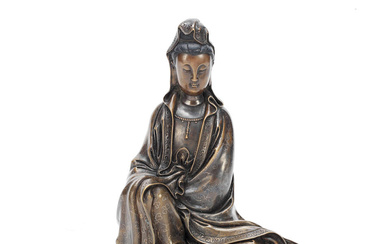 A SILVER WIRE-INLAID BRONZE FIGURE OF GUANYIN 20th century