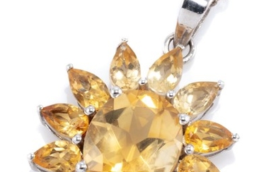 A STERLING SILVER CITRINE STARBURST PENDANT NECKLACE; centre bead claw set with an oval cut citrine of approx. 3.28ct to surround of...