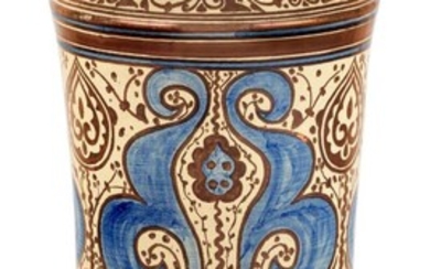 A Spanish Hispano-Moresque copper-lustre vase/umbrella stand, second half 20th century, with bands of decoration including scrolling, abstract and calligraphic motifs, the under side marked VALENCIA ESPAÅƒA, 64cm high