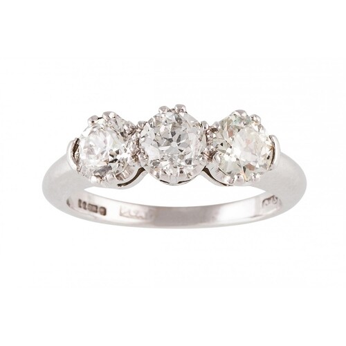 A THREE STONE DIAMOND RING, set with old cut diamonds, mount...