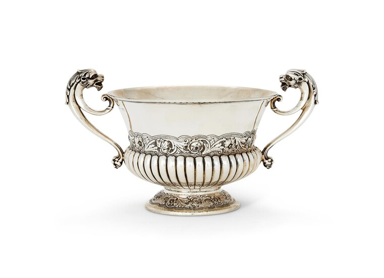 A VICTORIAN SILVER TWIN HANDLED PEDESTAL BOWL BY WAKELY & WHEELER