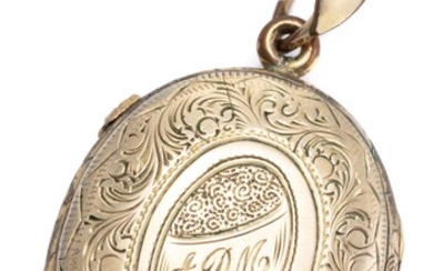 A VINTAGE ENGRAVED GOLD PLATED LOCKET; oval locket, monogrammed ADM, 45 x 23mm.