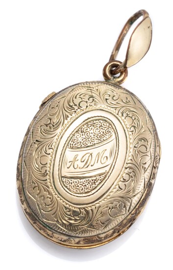 A VINTAGE ENGRAVED GOLD PLATED LOCKET; oval locket, monogrammed ADM, 45 x 23mm.