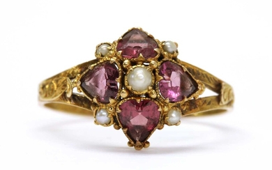 A Victorian 15ct gold garnet and split pearl ring