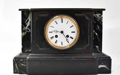 A Victorian slate mausoleum eight-day mantel clock, the enamelled dial...
