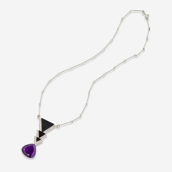 A White Gold, Diamond, Onyx, and Amethyst Necklace