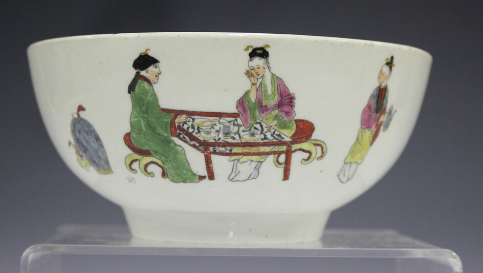 A Worcester circular bowl, circa 1765, painted and coloured with figures from the Chinese Family pat