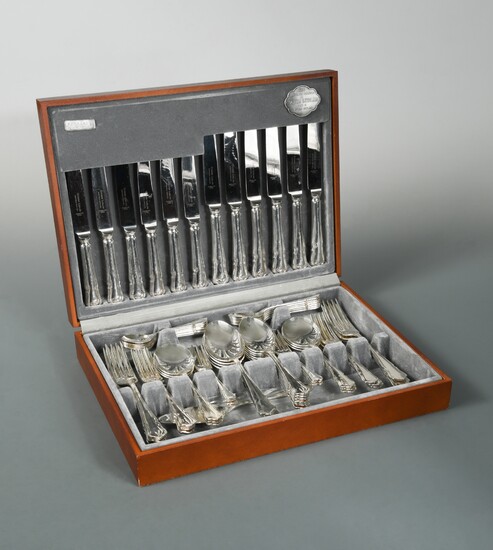 A canteen containing a 57 piece set of silver plated cutlery with two additions