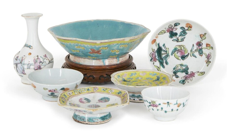A collection of Chinese porcelain, late 19th century, comprised of two famille rose bowls, a vase and one small dish, with three pedestal bowls, 8cm-20cm diameter (7)