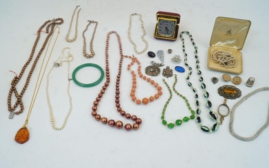 A collection of costume jewellery, to include cultured and faux pearl necklaces, agate brooch, earrings, glass bangle, paste and enamel brooches, and others, together with miniature pictures frames, an Acctim travel clock, a John F. Kennedy half...